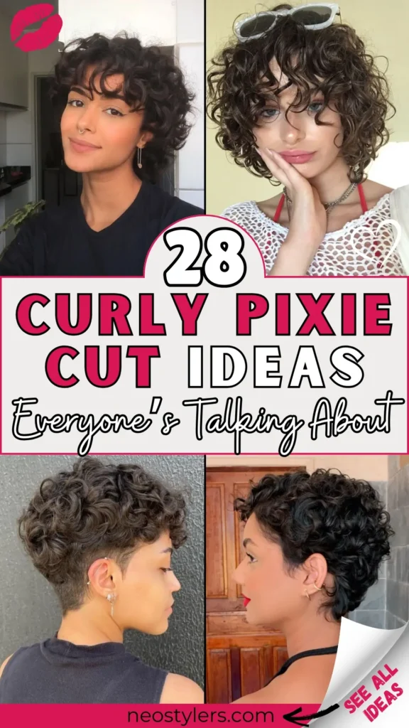 Stylish collage featuring four trendy curly pixie hairstyles, including short layers, soft bangs, voluminous curls, and chic undercut variations. Bold text overlay states "28 Curly Pixie Cut Ideas Everyone's Talking About," complemented by playful heart and kiss emojis. Pin includes a clear call-to-action labeled "See All Ideas," directing to neostylers.com. Perfect inspiration for women exploring short, curly hairstyles with youthful charm, modern vibes, and easy-care elegance.