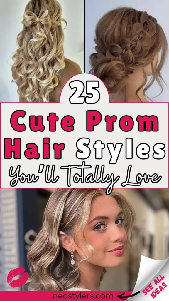 Glamorous collage featuring six elegant prom hairstyles, including sophisticated updos, soft cascading waves, intricate braids, and hairstyles with delicate accessories. Bold text overlay reads "25 Elegant Prom Hairstyles," enhanced with a crown and kiss emoji. Pin includes a call-to-action "See All Ideas," linking to neostylers.com. Ideal for young women looking for classy, chic, and stylish prom-night hair inspiration to complement their formal outfits beautifully.