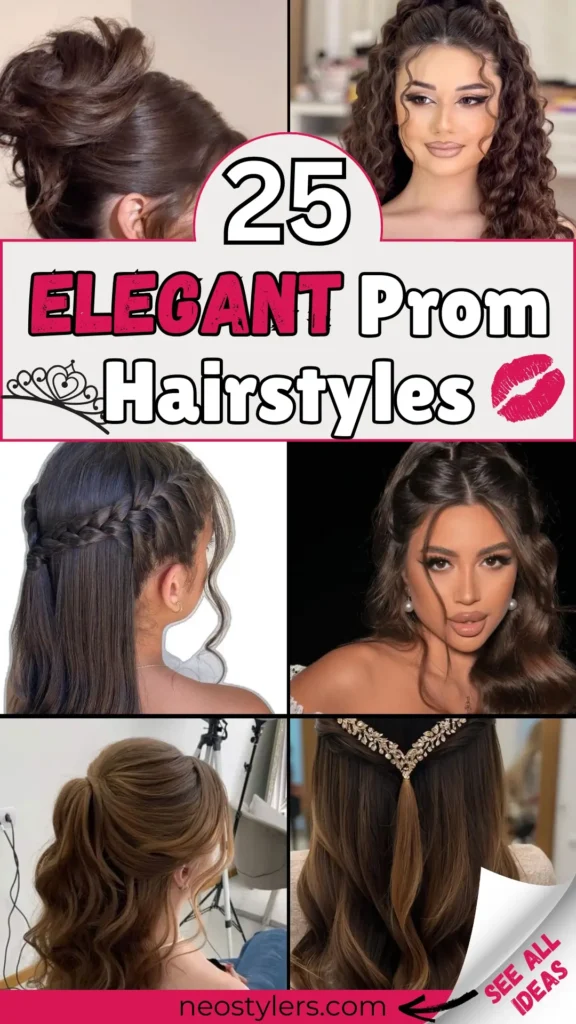 Glamorous collage featuring six elegant prom hairstyles, including sophisticated updos, soft cascading waves, intricate braids, and hairstyles with delicate accessories. Bold text overlay reads "25 Elegant Prom Hairstyles," enhanced with a crown and kiss emoji. Pin includes a call-to-action "See All Ideas," linking to neostylers.com. Ideal for young women looking for classy, chic, and stylish prom-night hair inspiration to complement their formal outfits beautifully.