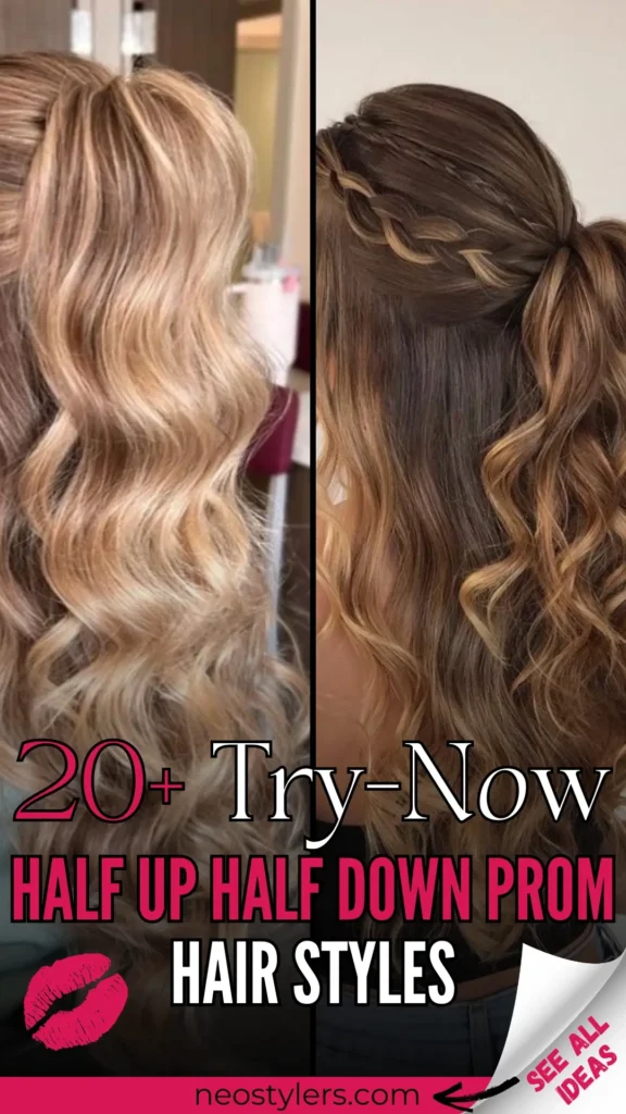 Beautiful collage showcasing two stylish half-up half-down prom hairstyles, featuring soft romantic waves and elegant braids. Bold text overlay says "20+ Try-Now Half Up Half Down Prom Hair Styles," enhanced with a vibrant kiss emoji. Includes a clear call-to-action labeled "See All Ideas," linking to neostylers.com. Ideal hairstyle inspiration for teens and young women seeking glamorous yet effortless prom looks, perfect for enhancing elegance and feminine charm.