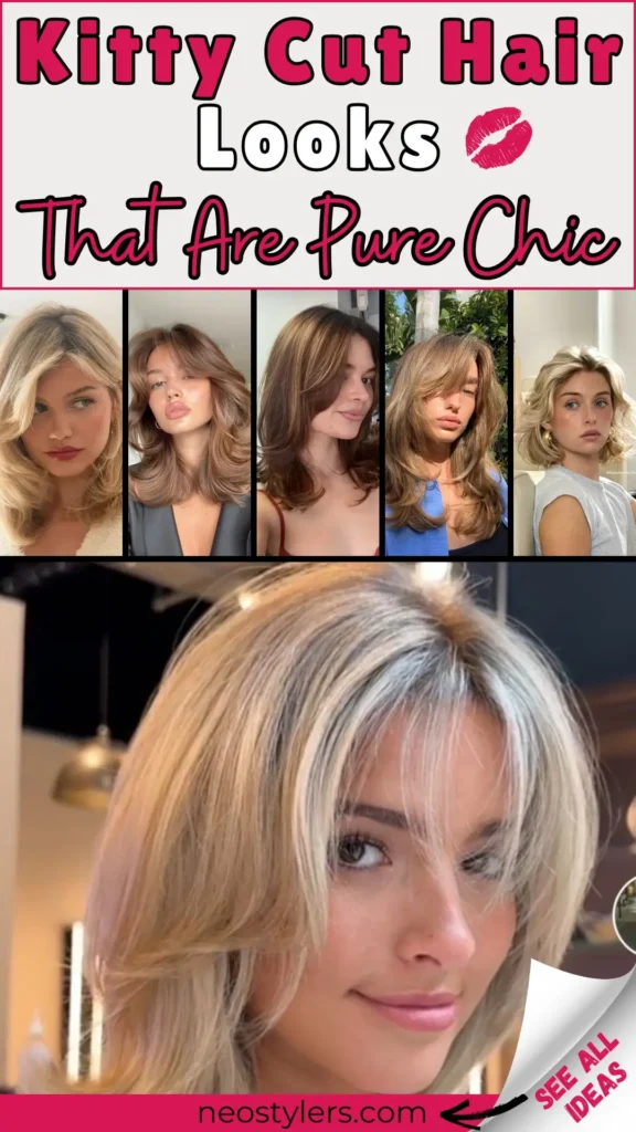 Chic collage highlighting multiple trendy kitty-cut hairstyles featuring voluminous layers, face-framing bangs, soft waves, and modern textures. The bold text states "Kitty Cut Hair Looks That Are Pure Chic," accompanied by a playful kiss emoji. A clear call-to-action labeled "See All Ideas" points viewers to neostylers.com. Perfect hairstyle inspiration for women seeking fresh, youthful, and fashionable kitty-cut styles ideal for casual, everyday elegance or stylish events.