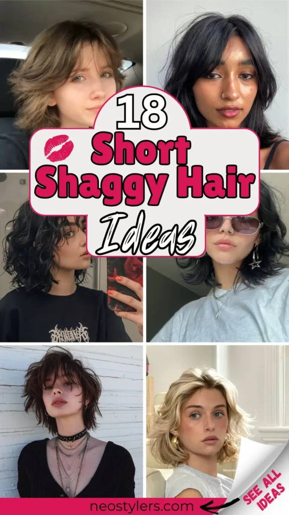 "18 Short Shaggy Hair Ideas" Pinterest pin featuring trendy hairstyles for short hair, including layered cuts, tousled waves, textured curls, and edgy shags. Bold text overlay in pink and black fonts with playful lipstick graphic emphasizes the feminine theme. Bottom branding: "neostylers.com" with a corner peel revealing "See All Ideas." Perfect for showcasing versatile, carefree styles ideal for modern, chic looks. Vibrant layout inspires creativity for casual or bold hair transformations.