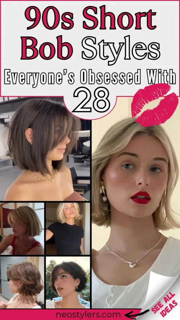 Dive into 90s nostalgia with 28 short bob styles that everyone’s obsessed with! This pin showcases chic, blunt, and softly layered bobs inspired by iconic 1990s fashion. Featuring minimal styling, sleek finishes, and flipped ends, these vintage-inspired cuts are perfect for a timeless, effortless look. Great for women seeking a retro vibe with modern polish—ideal for all face shapes and easy to maintain.