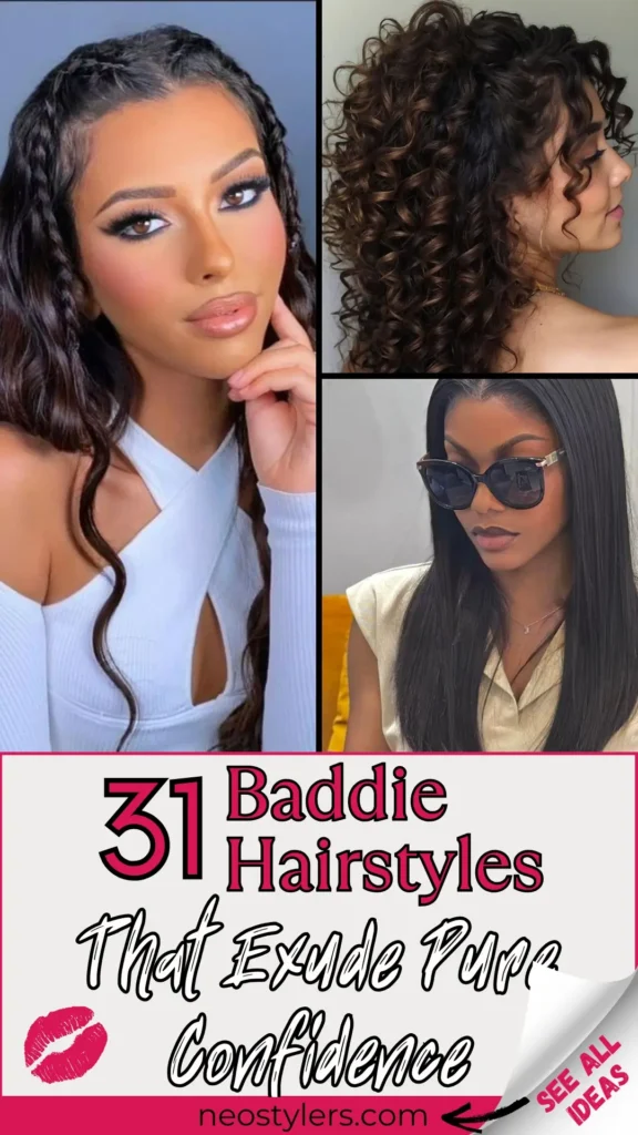 Explore 31 baddie hairstyles that radiate pure confidence and style. This pin highlights bold and trendy looks including defined curls, sleek middle-part straight hair, and edgy face-framing braids. Perfect for confident women who love to turn heads, these glam styles work for casual slay days or going-out vibes. Fierce, polished, and Insta-worthy hairstyles made to stand out. Great for long hair, natural texture, or straightened styles.
