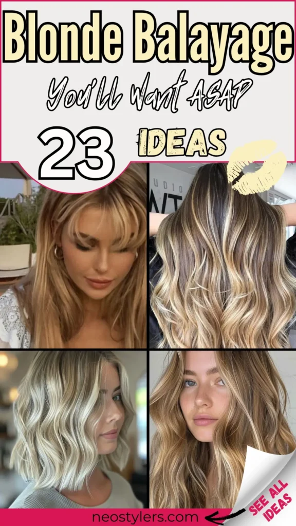 "Blonde Balayage You'll Want ASAP – 23 Ideas" Pinterest pin featuring stunning blonde balayage styles, including soft waves, layered cuts, and beachy textures. Bold text overlay in cream, black, and gold fonts adds a chic touch, paired with a lipstick graphic for a feminine vibe. Collage showcases versatile looks for short to long hair. Branding: "neostylers.com" on a vibrant pink banner with a corner peel revealing "See All Ideas," inviting users to explore trendy balayage inspirations.