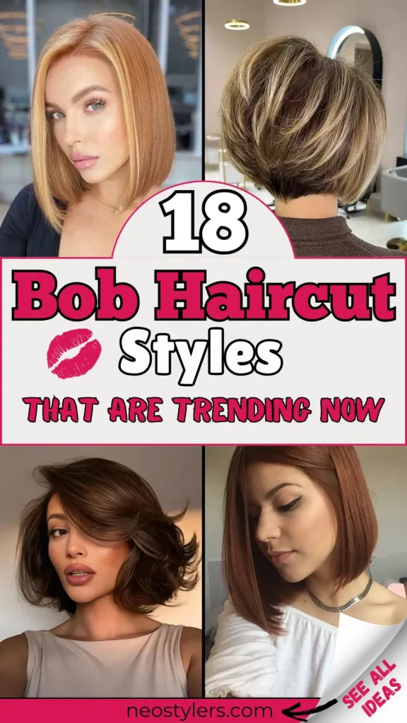 Explore 18 trending bob haircut styles perfect for a modern, chic upgrade! This pin showcases a variety of looks including sleek blunt bobs, layered cuts with volume, stacked bobs, and elegant angled shapes. Ideal for women craving low-maintenance yet fashionable hair, these bobs work for straight, wavy, and thick textures. Featuring natural tones, red hues, and dimensional highlights for added flair. Perfect inspo for your next salon visit!