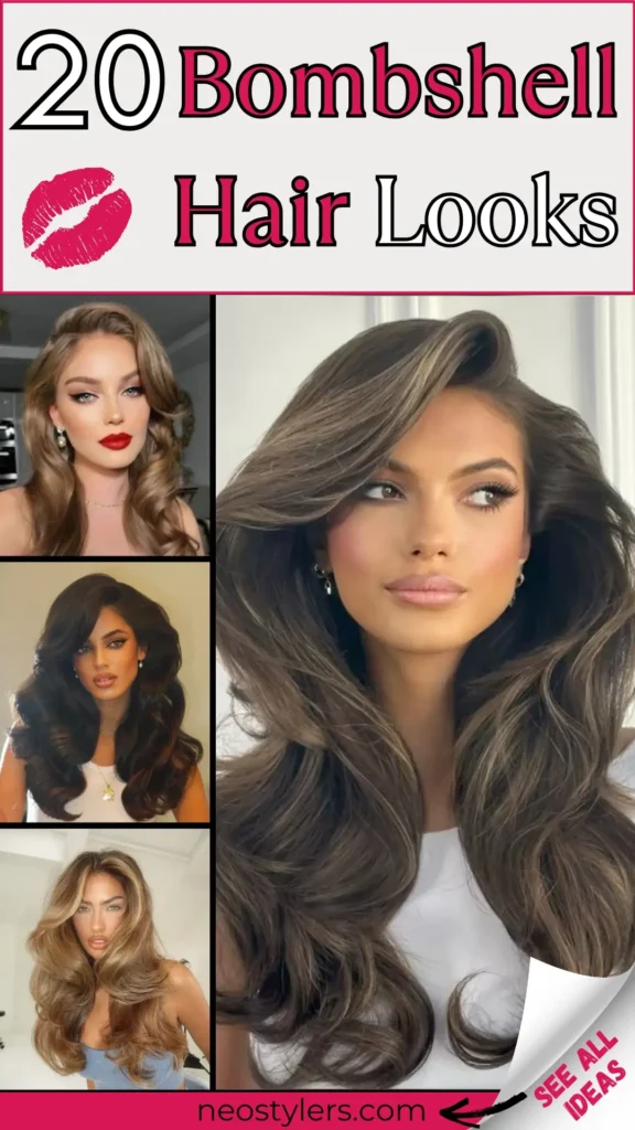 Explore 20 bombshell hair looks featuring glamorous, voluminous waves and high-shine finishes. This pin showcases long, layered styles with dramatic body and bounce—perfect for parties, red carpet moments, or glam nights out. Bold pink and black text with a kiss icon emphasizes feminine flair. Ideal for women seeking timeless Hollywood-inspired hairstyles with modern twists. Elevate your glam game with these iconic, confidence-boosting looks.