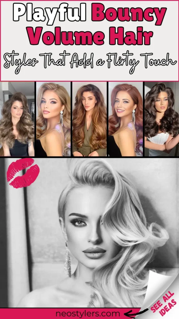 Playful Bouncy Volume Hair inspiration featuring flirty, voluminous hairstyles perfect for adding charm to any look. The image showcases glamorous waves, soft curls, and elegant blowouts styled in various lengths and textures. Bold pink text highlights "Playful Bouncy Volume Hair" with a feminine theme, complemented by a kiss graphic. The bottom-right corner invites viewers to "See All Ideas" at neostylers.com for more trendy hair styling tips.