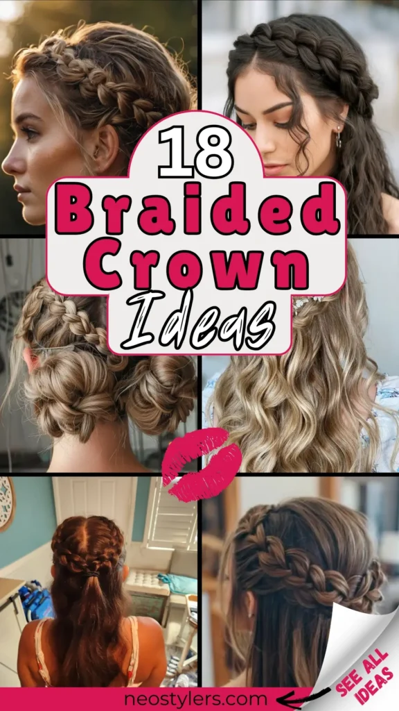 "18 Braided Crown Ideas" Pinterest pin showcasing elegant braided crown hairstyles for formal and casual occasions. Styles include intricate braided updos, loose crown braids with waves, and half-up braided looks. Bold text overlay in white and pink fonts adds a playful, feminine vibe, complemented by a lipstick graphic. Branding: "neostylers.com" on a vibrant pink banner. Corner peel reveals "See All Ideas," inviting users to explore chic, versatile hair inspirations for all hair types.