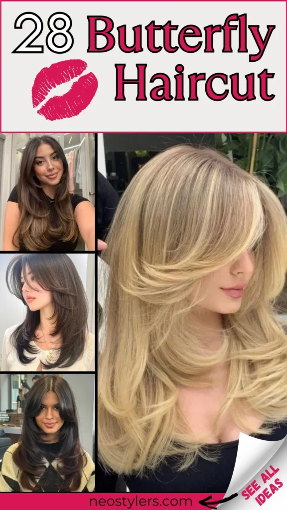 "28 Butterfly Haircut Ideas" Pinterest pin showcasing trendy butterfly haircut styles with voluminous layers, face-framing flicks, and soft textures. Featured looks include blonde, brunette, and dark-toned variations, perfect for adding movement and elegance to medium or long hair. Bold text overlay in black and pink fonts with a lipstick graphic enhances the feminine theme. Branding: "neostylers.com" at the bottom with a corner peel revealing "See All Ideas," inviting users to explore chic hairstyle inspirations.