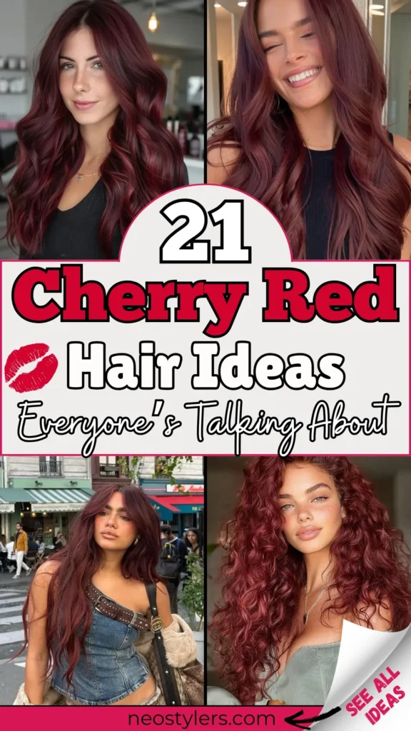 Discover 21 trending cherry red hair ideas that everyone’s talking about! This pin showcases rich, glossy red tones with deep burgundy and vibrant cherry hues on long, voluminous waves and curls. Bold red and black text with a kiss icon highlights the bold and stylish theme. Perfect for women wanting a fierce, romantic hair transformation that turns heads. Great inspo for bold brunettes or red hair lovers.