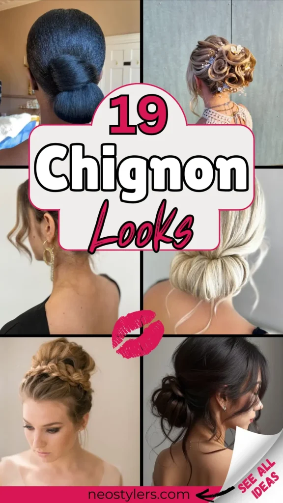 "19 Chignon Looks You’ll Love" Pinterest pin showcasing elegant chignon hairstyles for formal occasions. Styles include sleek low buns, braided chignons, textured updos, and accessorized designs with floral pins. Bold text overlay in white and pink fonts adds a chic vibe, complemented by a lipstick graphic for a feminine theme. Branding: "neostylers.com" on a vibrant pink banner, with a corner peel revealing "See All Ideas," inviting users to explore sophisticated and timeless hairstyle inspirations.