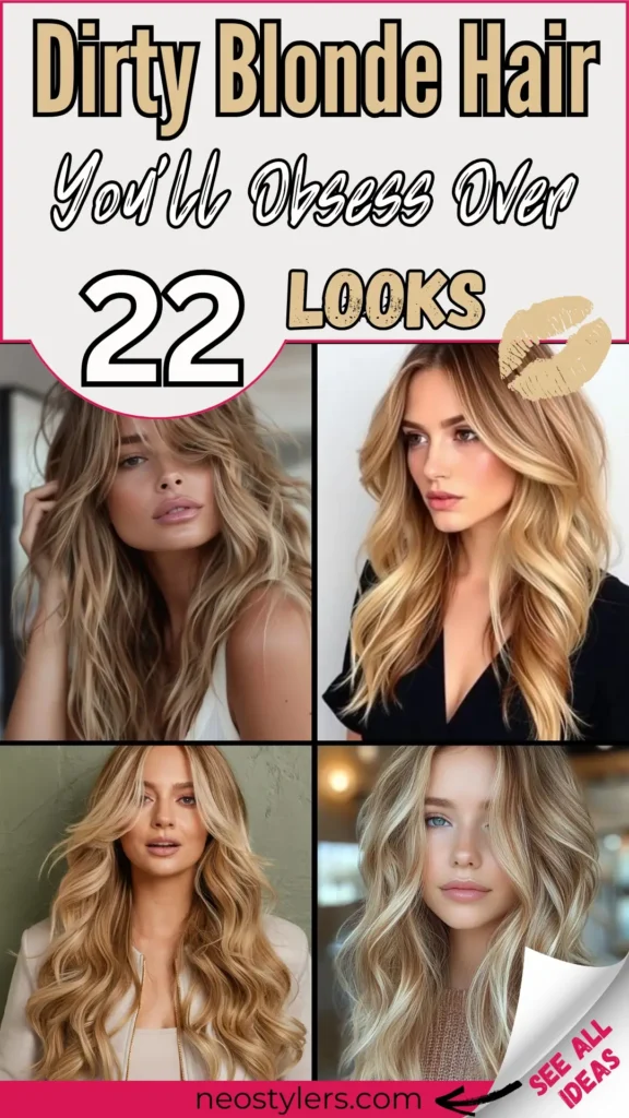 Fall in love with 22 dirty blonde hair looks you'll obsess over! This stylish pin showcases stunning long waves and voluminous layers in warm dirty blonde tones with sun-kissed highlights and effortless texture. The bold beige and black title pops with playful fonts and a kiss icon, giving it a trendy, feminine vibe. Perfect for blonde lovers and anyone seeking soft, lived-in color ideas. Ideal inspiration for chic, low-maintenance hairstyles.