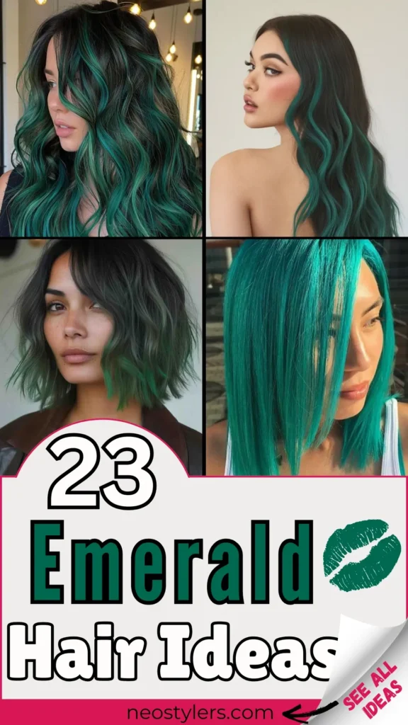 "23 Emerald Hair Ideas" Pinterest pin featuring bold, vibrant emerald green hairstyles for all lengths and textures. Styles include wavy long hair, sleek straight cuts, textured bobs, and layered looks. Text overlay in black and emerald fonts with a lipstick graphic adds a playful, modern vibe. Feminine theme highlighted by a bright pink banner with branding: "neostylers.com." Corner peel reveals "See All Ideas," inviting users to explore trendy, statement-making hair color inspirations.