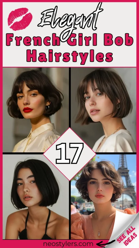 Explore 17 elegant French girl bob hairstyles with timeless charm. This chic pin highlights softly tousled bobs, sleek cuts, and classic bangs that channel effortless Parisian beauty. Featuring dark brown to brunette tones, the looks exude sophistication and simplicity. The stylish text and kiss graphic add a playful, feminine touch—perfect for women seeking minimal yet fashion-forward haircut ideas inspired by iconic French style.