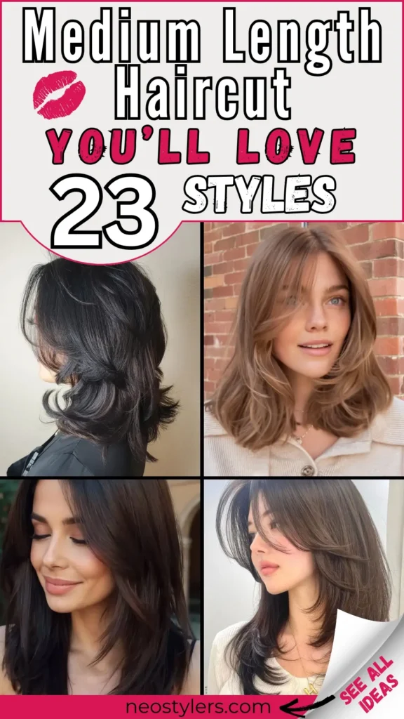 "Medium Length Haircut You'll Love – 23 Styles" Pinterest pin featuring trendy medium-length hairstyles. Styles include layered cuts, feathered ends, voluminous waves, and sleek straight looks for a polished yet effortless vibe. Bold text overlay in black and pink fonts with a lipstick graphic adds a playful, feminine touch. Branding: "neostylers.com" on a vibrant pink banner, with a corner peel revealing "See All Ideas," inviting users to explore versatile and stylish hair inspirations.