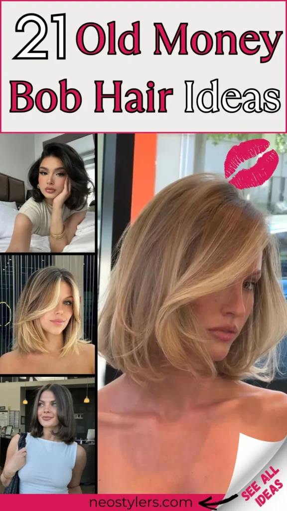 Elegant collage displaying four refined old-money bob hairstyles, including chic shoulder-length cuts, voluminous waves, classy side-swept styles, and sophisticated layers with subtle highlights. Bold text overlay states "21 Old Money Bob Hair Ideas," paired with a stylish kiss emoji. Includes a clear call-to-action "See All Ideas," directing visitors to neostylers.com. Ideal inspiration for women seeking classic, luxurious bob haircuts embodying timeless elegance and subtle glamour.