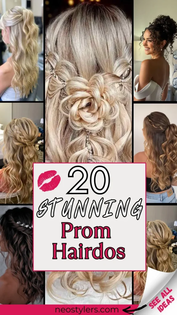 A beautiful collage showcasing 20 stunning prom hairstyles perfect for a glamorous night. Styles include intricate rose-inspired buns, half-up half-down waves with delicate braids, and elegant curly updos with face-framing tendrils. The text overlay states "20 Stunning Prom Hairdos" with a playful kiss emoji. Ideal for teens and young women seeking sophisticated yet trendy hairstyle inspiration for prom night. Visit neostylers.com for more stylish prom hair ideas.