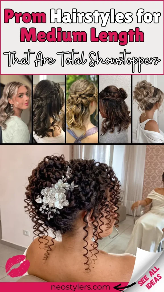 Prom Hairstyles for Medium Length Hair! A stunning collection of showstopping styles including loose waves, braided updos, half-up braided looks, messy buns, and curly pinned-up hairstyles. Perfect for prom or formal events, these elegant designs add flair with braids, curls, and accessories like floral pins. Text overlay: "Prom Hairstyles for Medium Length That Are Total Showstoppers." Feminine theme with a focus on chic and trendy hair ideas for medium-length hair.