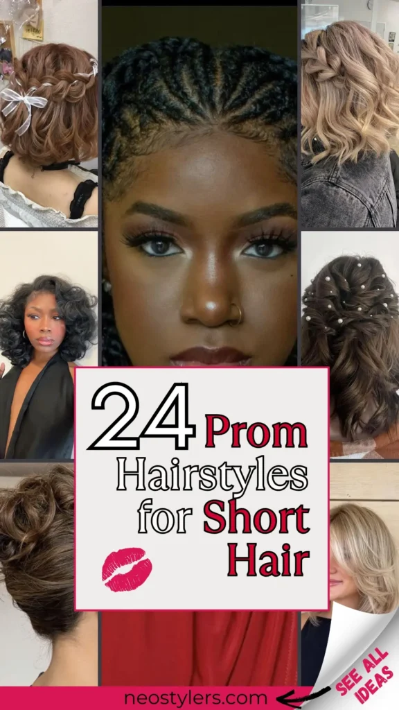 Explore 24 stunning prom hairstyles specially created for short hair. The collage showcases chic braids, playful curls, elegant waves, and sophisticated updos accented with delicate accessories like pearls and ribbons. Perfect for teens and young women looking for glamorous, trendy, and easy-to-achieve hairstyles for prom. Text overlay: "24 Prom Hairstyles for Short Hair" with a stylish kiss emoji. Visit neostylers.com for more prom hair inspiration and styling tips.
