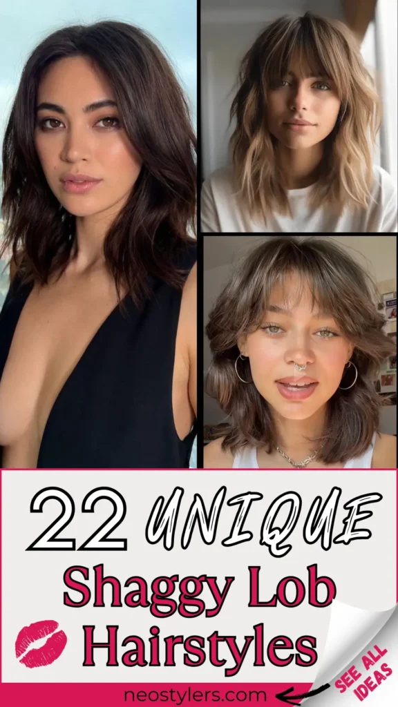 Discover 22 unique shaggy lob hairstyles in this trendy pin, perfect for modern, effortless vibes. Features layered long bob cuts with tousled texture, curtain bangs, soft waves, and edgy volume—ideal for all face shapes. The text overlay reads “22 Unique Shaggy Lob Hairstyles” with a kiss graphic, highlighting a chic, casual theme. Great inspiration for women seeking fresh, low-maintenance haircut ideas. More looks at neostylers.com.