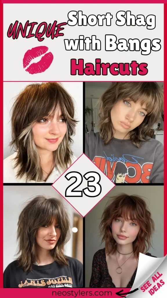 "23 Unique Short Shag with Bangs Haircuts"Pin featuring trendy short shag hairstyles with choppy layers, textured bangs, and tousled finishes. The collage highlights edgy, versatile looks perfect for a bold, modern vibe. Bold text overlay in black and pink fonts with a lipstick graphic enhances the playful, feminine theme. Branding: "neostylers.com" at the bottom. Corner peel reveals "See All Ideas," inviting users to explore chic, low-maintenance haircut inspirations for all hair types