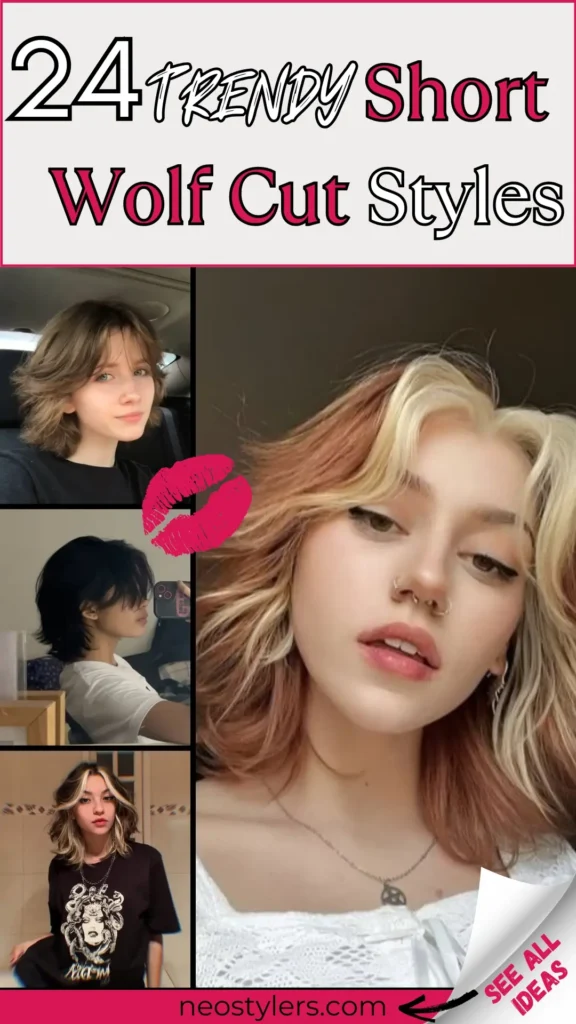 Check out 24 trendy short wolf cut styles perfect for edgy, youthful vibes. This pin showcases layered, choppy cuts with volume and texture, ideal for short hair lovers. Includes bold color combos like blonde + copper and jet black, plus curtain bangs and soft shags. Text overlay reads “24 Trendy Short Wolf Cut Styles” with a pink lipstick kiss graphic, capturing a playful yet fierce theme. Perfect for modern girls wanting a rebellious yet chic look. See more at neostylers.com.