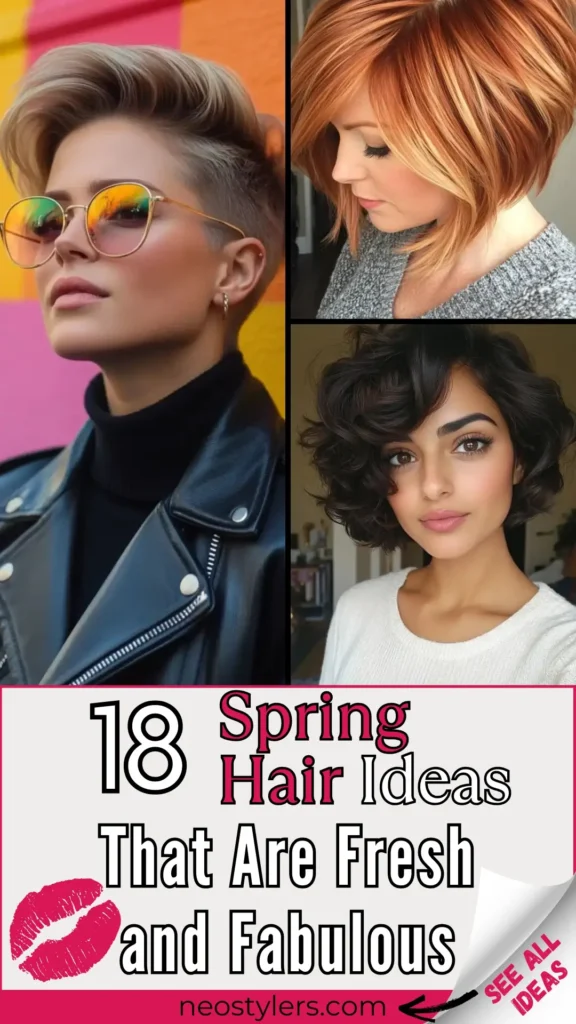 "18 Spring Hair Ideas That Are Fresh and Fabulous" Pinterest pin featuring trendy spring hairstyles. Styles include a bold undercut with voluminous waves, a sleek layered bob in copper tones, and soft, bouncy curls for a chic look. Text overlay in bold black and pink fonts adds a playful, feminine vibe, complemented by a lipstick graphic. Branding: "neostylers.com" at the bottom. Corner peel reveals "See All Ideas," inviting users to explore fresh, stylish hair inspirations perfect for spring.