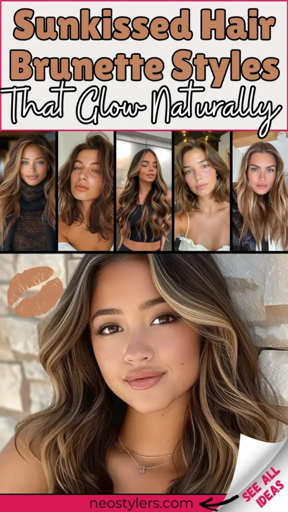 Discover sunkissed brunette hair styles that glow naturally in this vibrant pin featuring soft highlights and dimensional waves. From beachy long layers to effortless shoulder-length cuts, these 6 gorgeous looks enhance brunette tones with golden, caramel, and honey hues. Warm lighting, a glossy finish, and soft waves highlight the natural radiance. Ideal for women seeking a subtle sunlit transformation with a fresh, glowing vibe.
