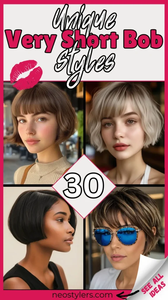 Explore 30 unique very short bob styles perfect for a chic, modern look! This pin highlights a variety of bob haircuts, from blunt cuts and soft waves to classic bowl cuts and edgy layered styles. Featured looks include sleek black bobs, platinum blonde textures, and bold pixie-bob hybrids with sunglasses for extra flair. Ideal for women seeking low-maintenance yet fashionable hairstyles. Stylish pink and black text with a kiss graphic adds a trendy, youthful vibe.