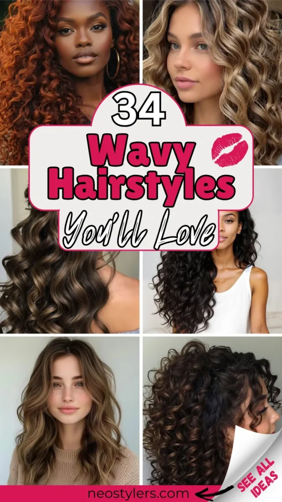 Explore 34 wavy hairstyles you'll love—this pin features stunning soft waves, voluminous curls, and bouncy ringlets for all hair textures and lengths. From red copper waves and caramel highlights to deep brunette shine and natural curls, these looks are perfect for casual chic to elegant glam. Diverse styles highlight definition, shine, and body, offering inspiration for modern wavy hair ideas for women of all backgrounds. Bold, textured, and totally wearable.