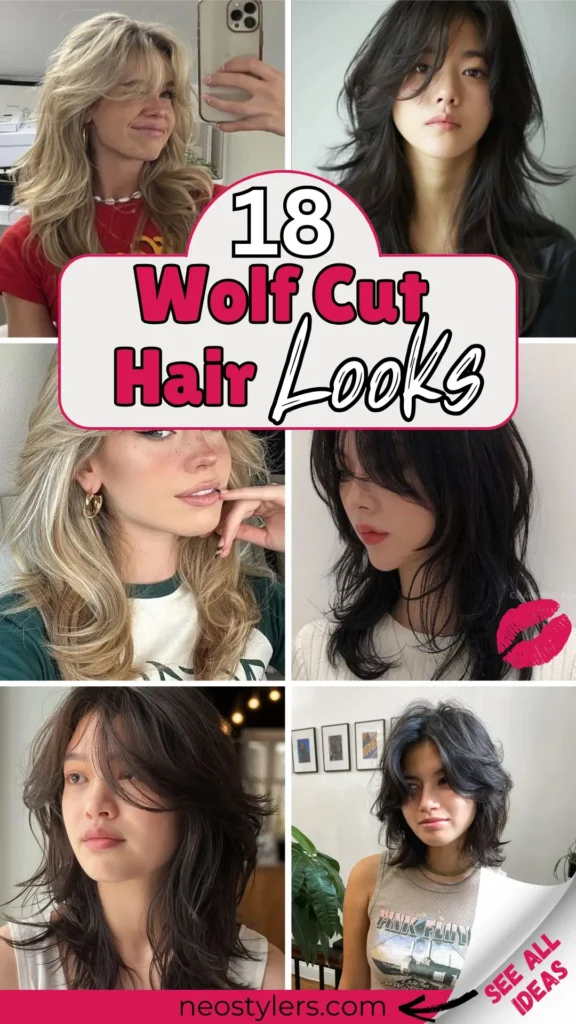 "18 Wolf Cut Hair Looks" Pinterest pin featuring trendy wolf cut hairstyles with layered textures, shaggy ends, and voluminous waves. Styles range from blonde highlights to dark, sleek finishes, ideal for bold, edgy transformations. Text overlay in bold pink and black fonts on a white background adds a playful vibe. Feminine theme with a lipstick graphic and branding: "neostylers.com." Bottom corner peel reveals "See All Ideas," inviting users to explore more chic and modern hairstyle inspirations.