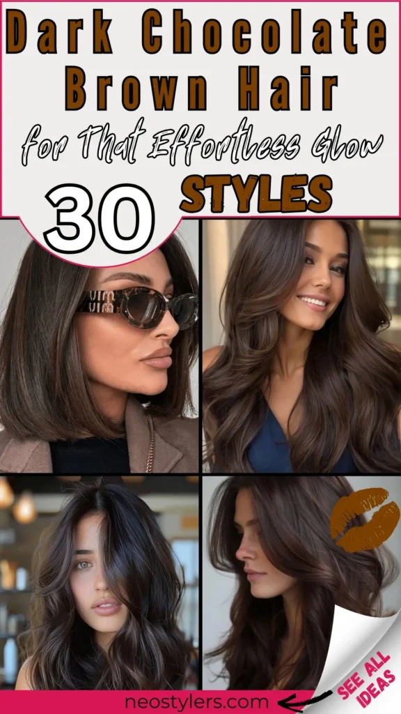 "Dark Chocolate Brown Hair for That Effortless Glow – 30 Styles" Pinterest pin showcasing rich, glossy dark chocolate brown hairstyles. Styles include sleek bobs, voluminous waves, and layered cuts with natural shine. Bold text overlay in brown and black fonts on a white background adds a modern touch, paired with a gold lipstick graphic for a chic vibe. Feminine theme with branding: "neostylers.com" on a pink banner and a corner peel revealing "See All Ideas," inspiring trendy, glowing hair transformations.