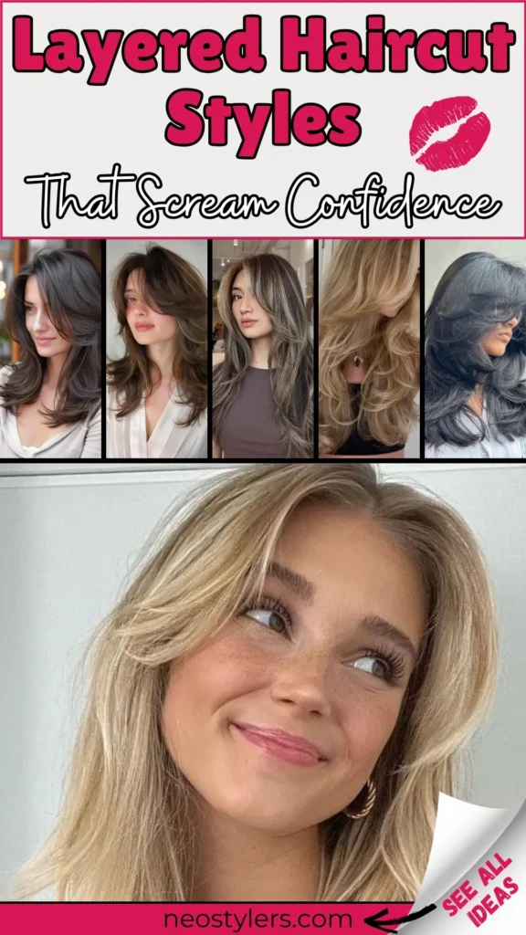 "Layered Haircut Styles That Scream Confidence" Pinterest pin featuring chic layered hairstyles, including soft waves, feathered ends, and voluminous textures. Top text in bold pink and black fonts with a lipstick graphic adds a playful, feminine touch. The collage highlights diverse cuts for various hair types, while the bottom showcases a close-up of a blonde layered look. Branding: "neostylers.com" on a pink banner, with a corner peel revealing "See All Ideas," inviting users to explore more trendy styles.