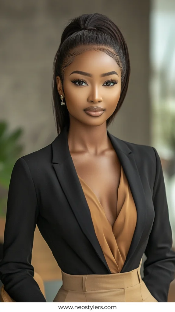 Center part Ponytail 1 work hairstyles for black women 7