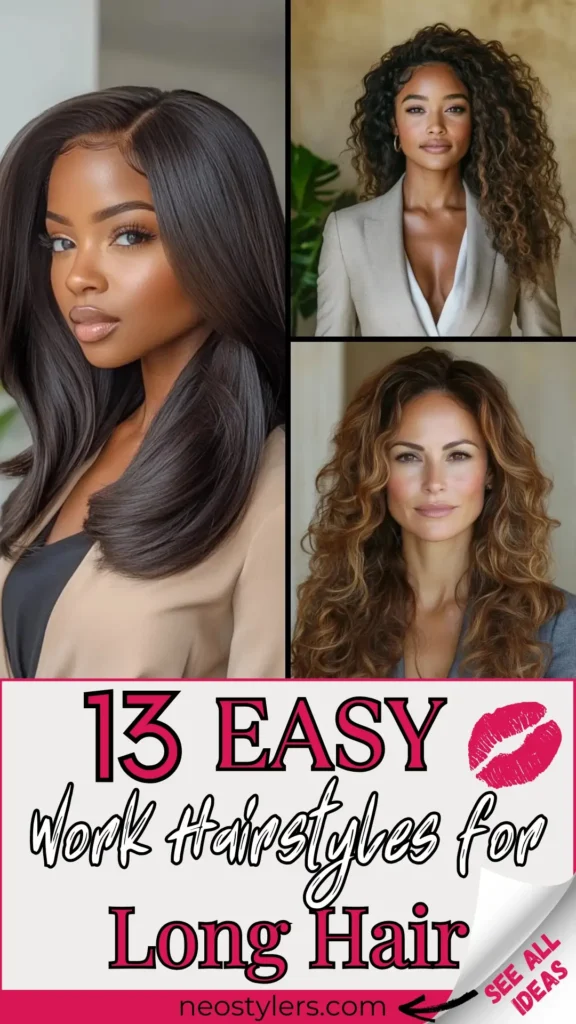 Eye-catching Pinterest pin titled “13 Easy Work Hairstyles for Long Hair” featuring three professional, long hairstyles for women. Styles include sleek straight layers, voluminous natural curls, and soft loose waves—perfect for office-ready looks. Bold pink and black text, lipstick kiss graphic, and “See All Ideas” callout add visual appeal. Theme centers on effortless beauty and career-friendly hair inspiration. Website neostylers.com is shown at the bottom.