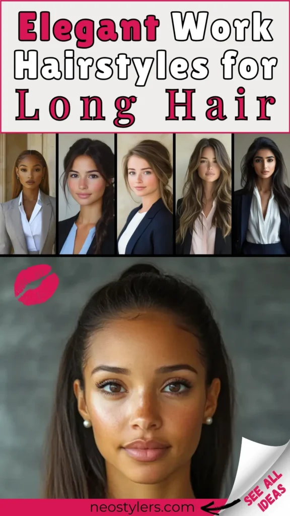 Pinterest pin showcasing "Elegant Work Hairstyles for Long Hair" in bold pink and black typography on a white background with a sleek, professional theme. The image features five polished hairstyles, including sleek ponytails, soft waves, braided styles, and textured buns, paired with business attire for workplace elegance. A vibrant pink kiss graphic adds a playful touch. Bottom text promotes neostylers.com with a curled corner effect and "See All Ideas" call-to-action for more styling tips.