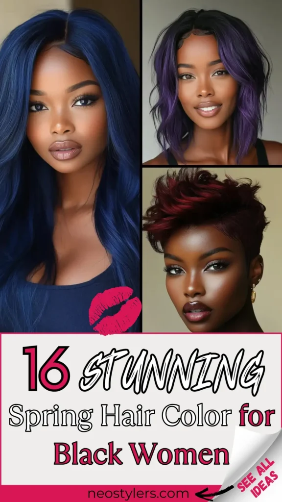 Discover 16 stunning spring hair color ideas for Black women featuring bold and vibrant hues. This pin showcases rich navy blue, vivid violet ombré, and deep burgundy shades on sleek, wavy, and edgy short hairstyles. Perfect for making a statement this season, these trendy looks enhance melanin-rich skin tones and radiate confidence. With a mix of modern cuts and striking colors, these styles are ideal for a fresh spring transformation.