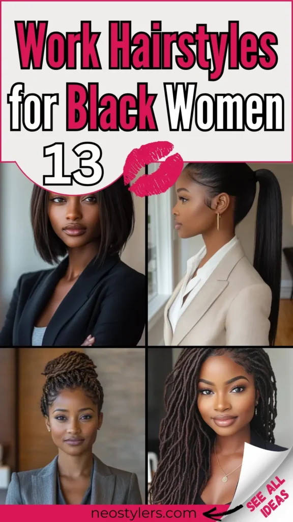 Professional Pinterest pin titled “Work Hairstyles for Black Women – 13 Ideas” featuring four elegant and office-appropriate hairstyles for Black women. Styles include a sleek bob, long low ponytail, braided updo, and soft faux locs. The theme is career-focused beauty and confidence, ideal for workplace inspiration. Design includes bold pink and black text, a lipstick kiss icon, and the call-to-action “See All Ideas” with the website neostylers.com at the bottom.