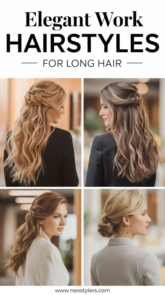 a vibrant collage featuring three elegan BXv8GjiISCKPibOdHBR0CQ qGapQy DRzalvWxODmiB Q Elegant Work Hairstyles for Long Hair 2