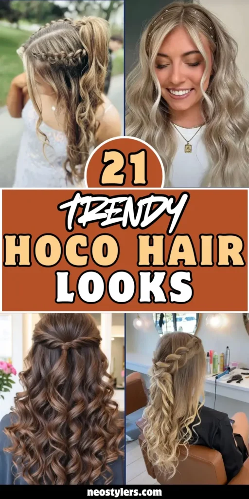 Image features 21 trendy Hoco hair looks designed for homecoming celebrations. Text reads “21 Trendy Hoco Hair Looks” in soft peach and brown. Hairstyles include braided crowns, voluminous curls, twisted half-ups, and styles adorned with accessories. Ideal for teens and young women looking for playful, elegant, and party-ready inspiration.