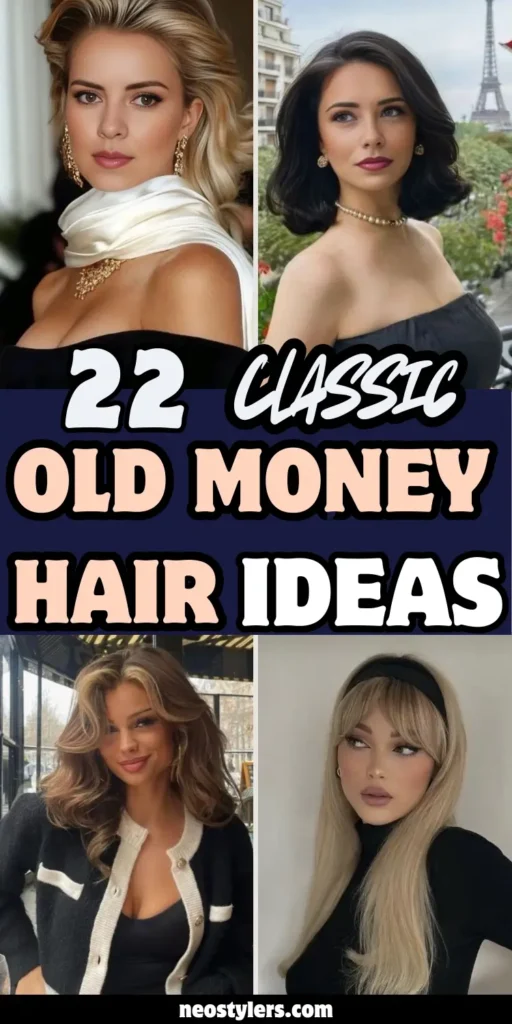 Image showcases 22 classy hair ideas inspired by the Old Money aesthetic, with bold text reading "22 Classic Old Money Hair Ideas." Hairstyles include soft retro waves, sleek bobs, glamorous blowouts, and polished styles accessorized with pearls and headbands. The visual theme promotes timeless elegance, luxury, and refinement—ideal for upscale events or a sophisticated daily look.