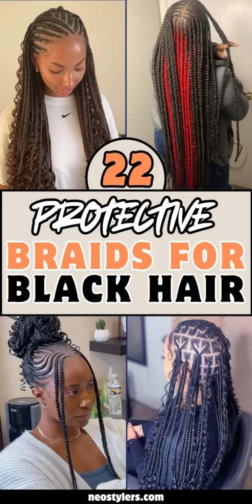 Image highlights 22 protective braid styles for Black hair, featuring box braids, red-accented cornrows, braided buns, and triangle-parted braids. The bold text reads ""22 Protective Braids for Black Hair"" with a beige and orange theme. These styles are designed for hair protection, easy upkeep, and long-lasting wear, appealing to women with natural hair who want elegant and practical looks.