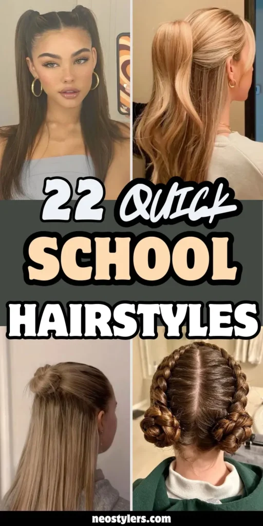 Image shows four easy and cute school hairstyles for girls with the title "22 Quick School Hairstyles" in bold fonts. The styles include sleek pigtails, a voluminous ponytail, a half-up mini bun, and braided space buns. The theme is centered around effortless, stylish hair ideas perfect for school mornings, targeting students and teen girls looking for trendy but time-saving hairstyles.