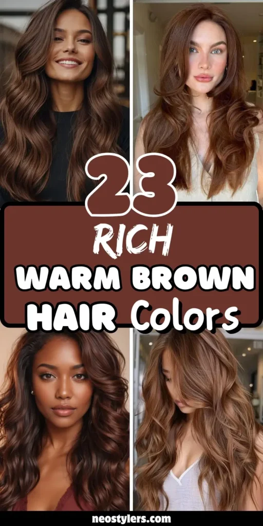 Image showcases “23 Rich Warm Brown Hair Colors” with four women sporting different shades. Styles include soft chestnut waves, warm copper-brown layers, deep caramel curls, and golden brown loose waves. The color palette emphasizes warmth and shine, giving hair a healthy and dimensional finish—perfect for a timeless and flattering look.