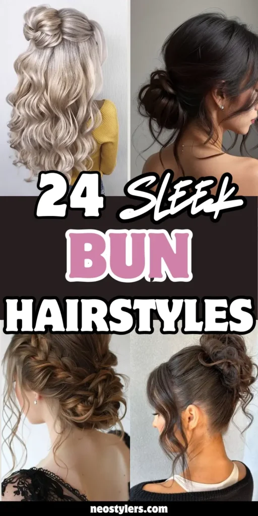 Image titled “24 Sleek Bun Hairstyles” displays four elegant bun styles. Looks include a half-up braided bun with curls, a loose romantic low bun, a textured side bun, and a polished top knot with face-framing strands. The overall vibe blends soft romance with modern sleekness—ideal for weddings, work events, or casual chic moments.