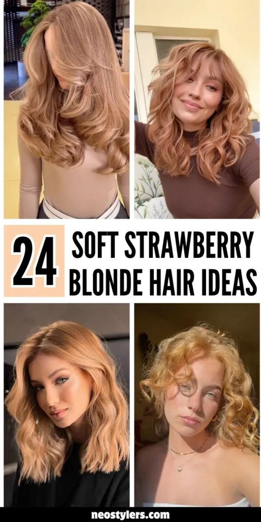 Image features the title “24 Soft Strawberry Blonde Hair Ideas” with four women showing off light reddish-blonde tones. Styles include bouncy layers, voluminous waves, tousled curls, and natural copper coils. The overall palette combines golden, peach, and light red hues to create soft, romantic hairstyles perfect for all seasons.