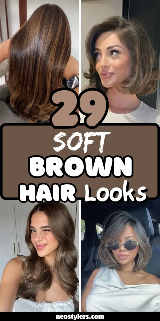 Image titled “29 Soft Brown Hair Looks” includes four hairstyle variations in gentle brown tones. Looks feature long shiny brunette hair, a bouncy bob, glossy waves, and a soft shoulder-length cut with natural layers. This collection highlights timeless, flattering hair color ideas for versatile and elegant styling.