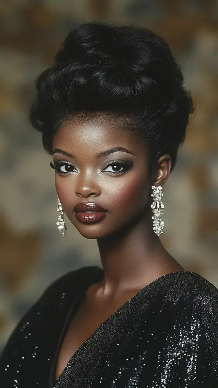 Radiant 80s Revival: The Bold Black Updo Reimagined - 80s Prom Hair