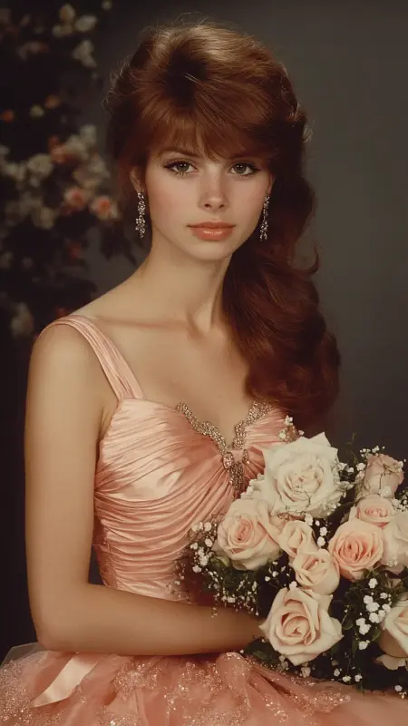 Time-Travel Glam: The Mesmerizing Auburn Sweep - 80s Prom Hair